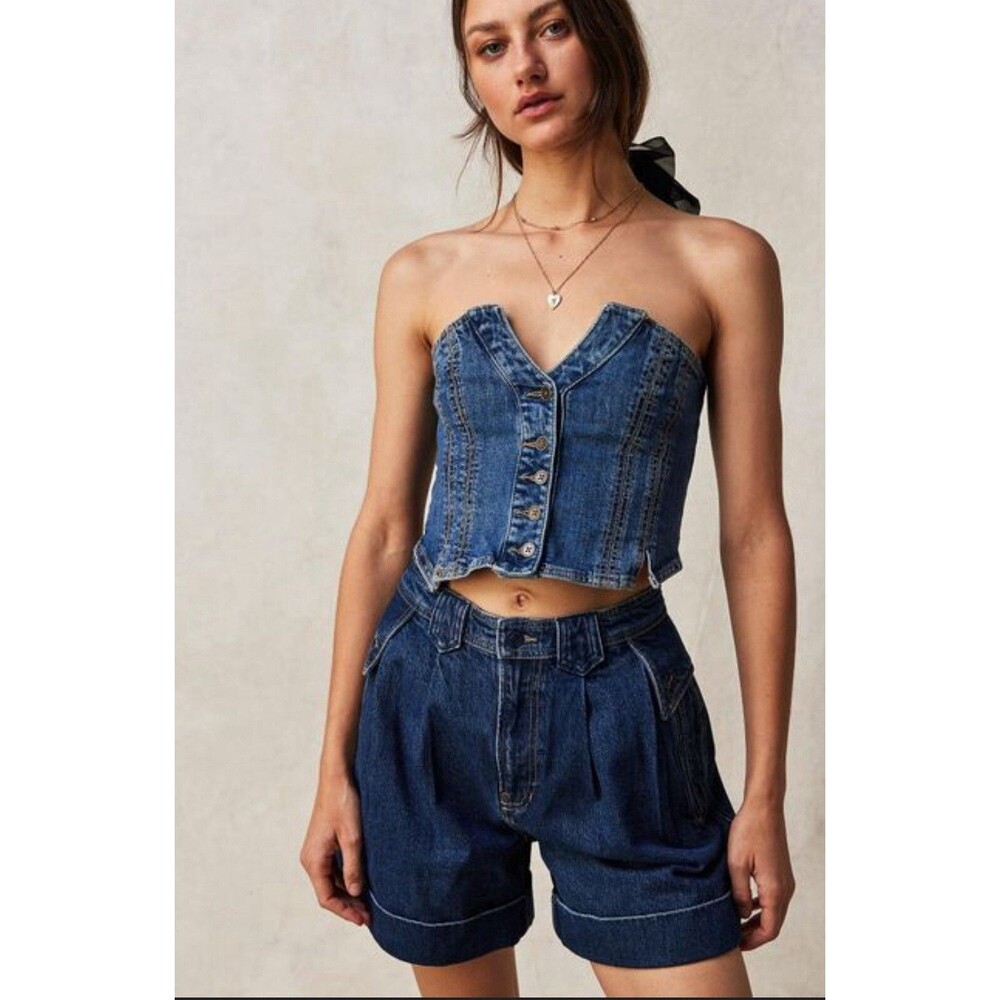 Free People Shorts Denim Women Blue Top Secret High Rise Retro Vacay Size 27 NWT